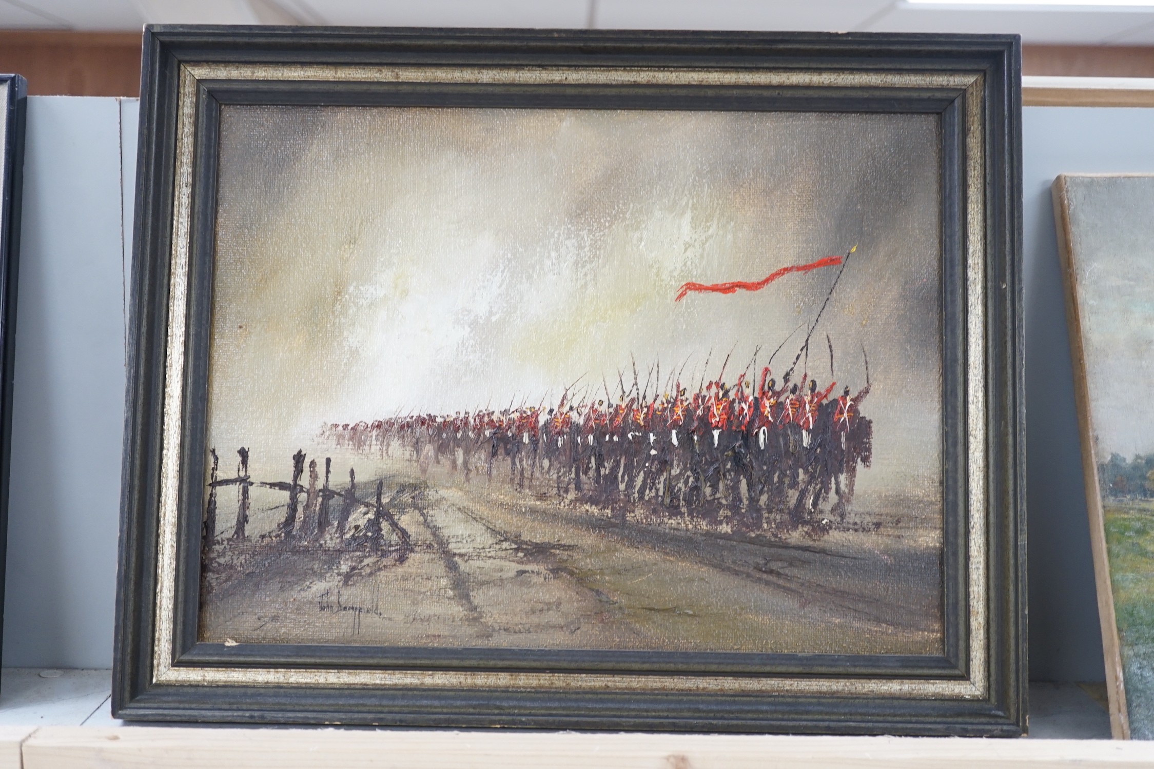 John Bampfield (b.1947), oil on canvas, Cavalry on horseback, signed, 29 x 39cm